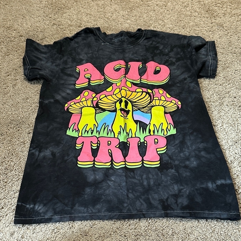 Spencers Acid Trip Shirt Womens Small Black Tie Dye Magic Mushrooms Psychadelic
